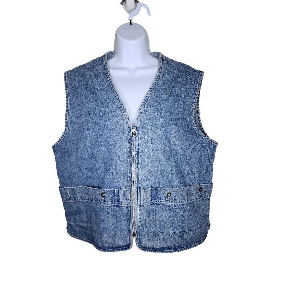 Vintage 80s Denim Vest Pockets Womens Size L Blue Zip Front